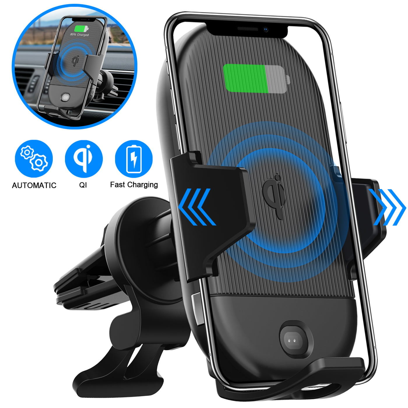 LETSCOM Line B Wireless Car Charger, Auto-Clamping, 15W Qi Fast Charging